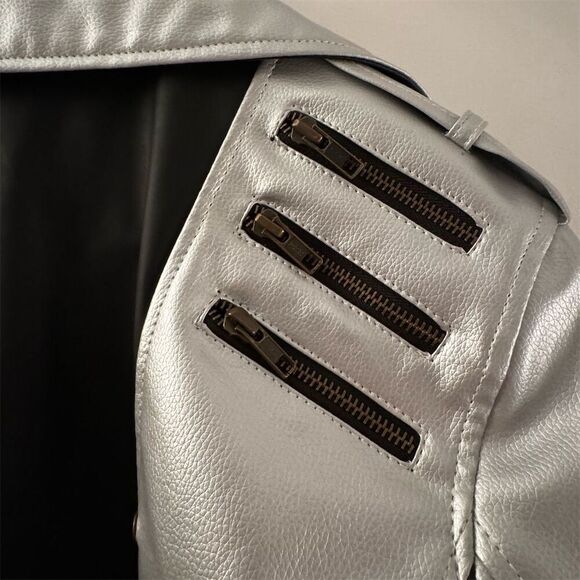 Vintage Leather Silver Black Motorcycle Jacket Unisex S - Picture 4 of 6